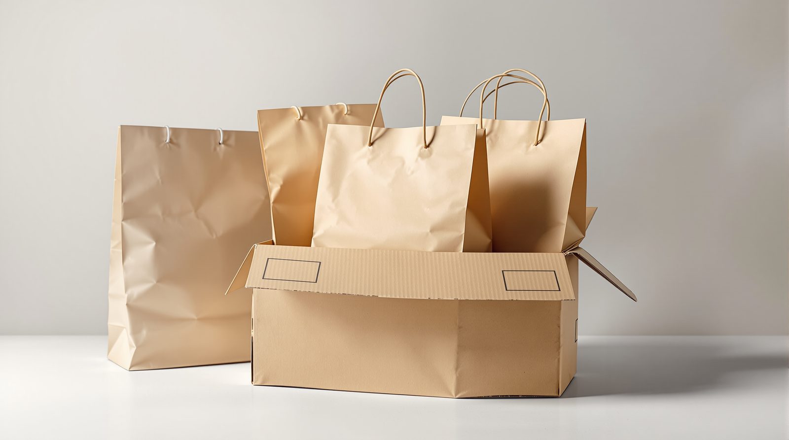 Flat-packed shopping bags in an export carton with customs-style kraft labels blank — studio image