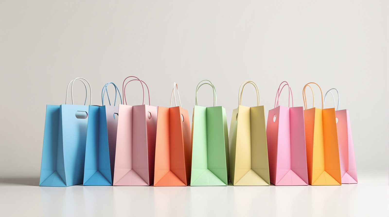 Colorful paper bags with die-cut oval handles fanned in a row — studio image