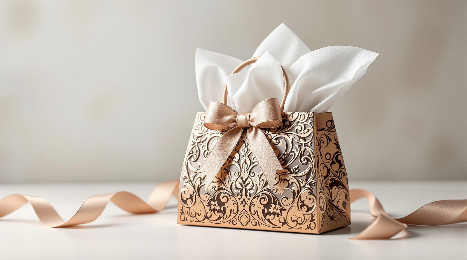 An ornate small gift bag shaped like a purse with ribbon bow and tissue — studio image
