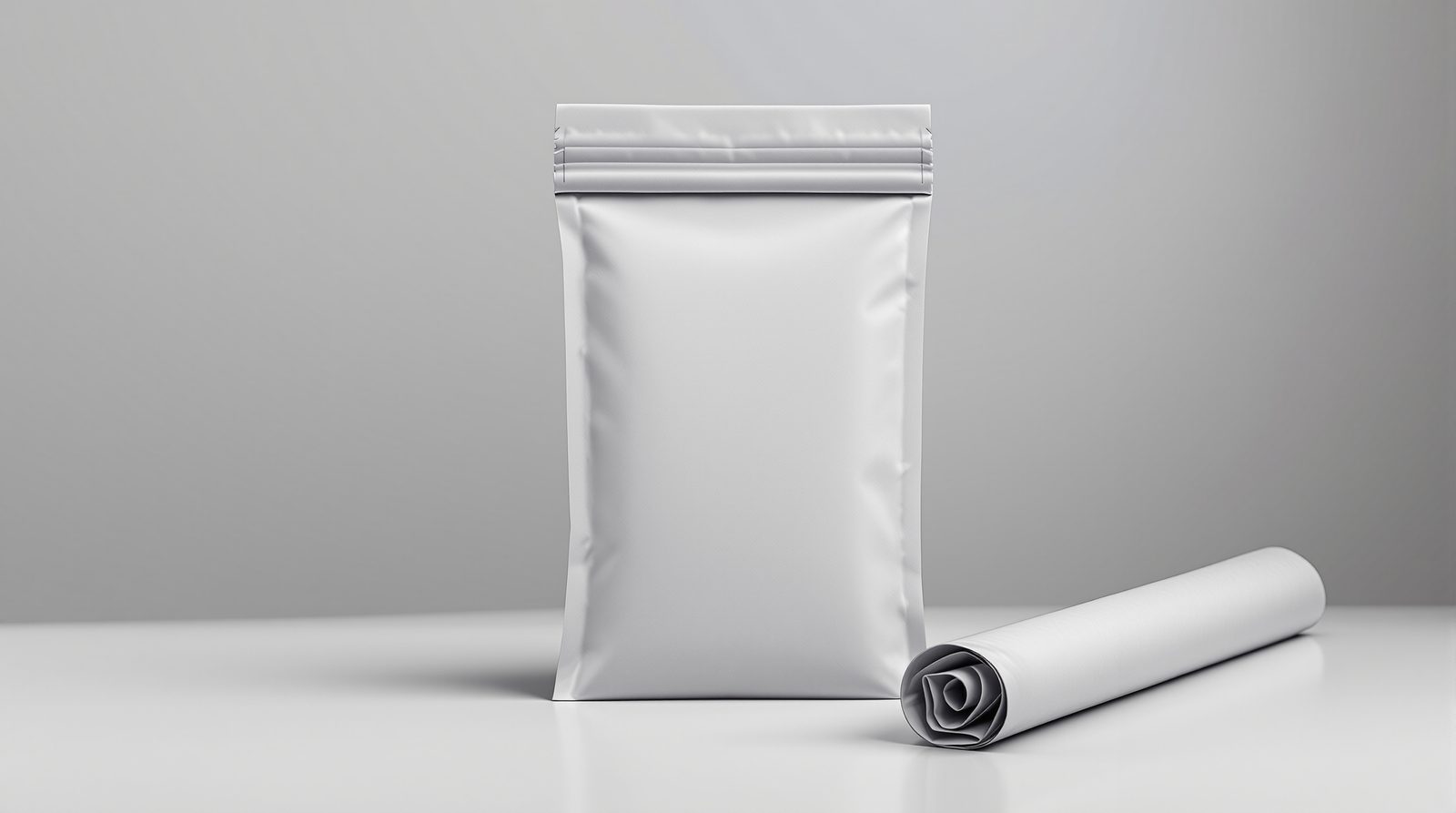 Gray recycled poly mailers with pebbled texture, one rolled to show flexibility — studio image