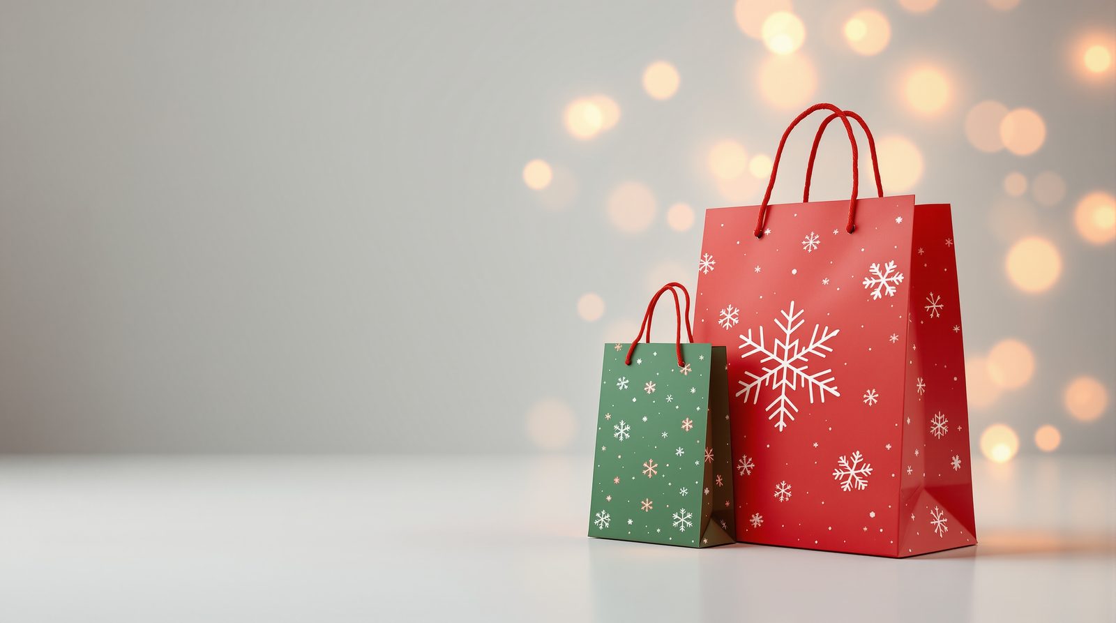 Festive red and green holiday shopping bags with snowflake patterns and warm bokeh lights — studio image