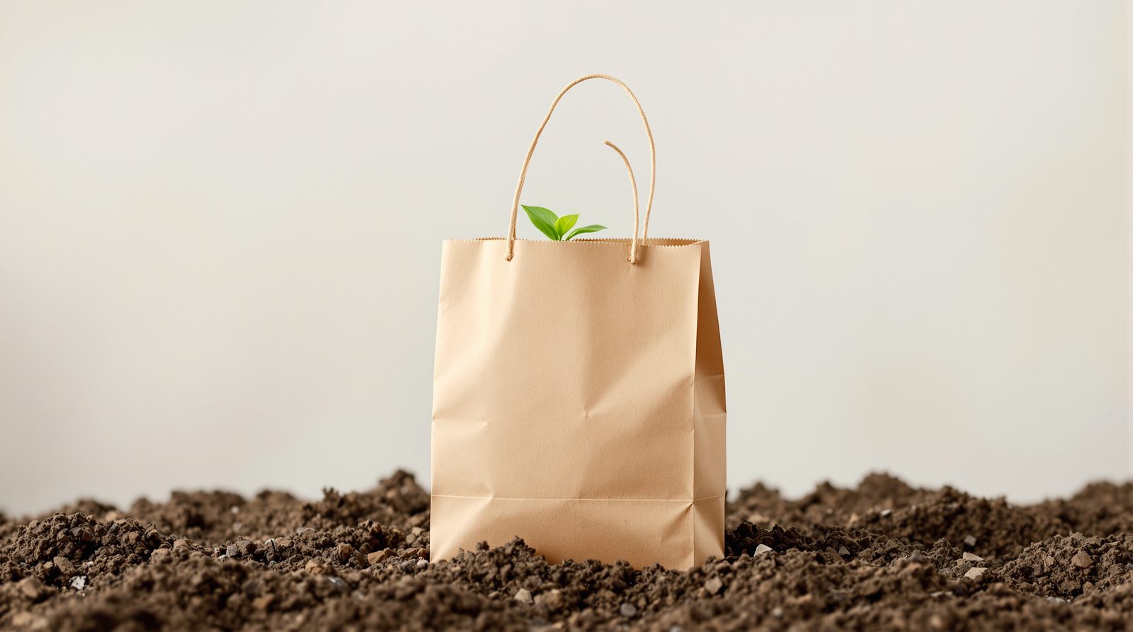 A kraft shopping bag sprouting a small green seedling, earthy background — studio image