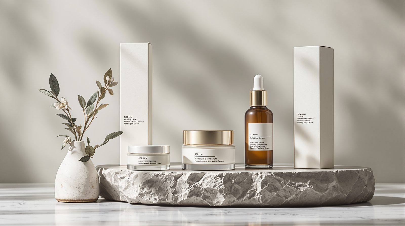 Skincare cartons and jars arranged in soft studio light — studio image