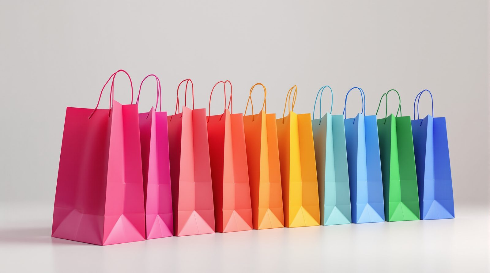 A spectrum row of identical shopping bags in graduated rainbow colors — studio image