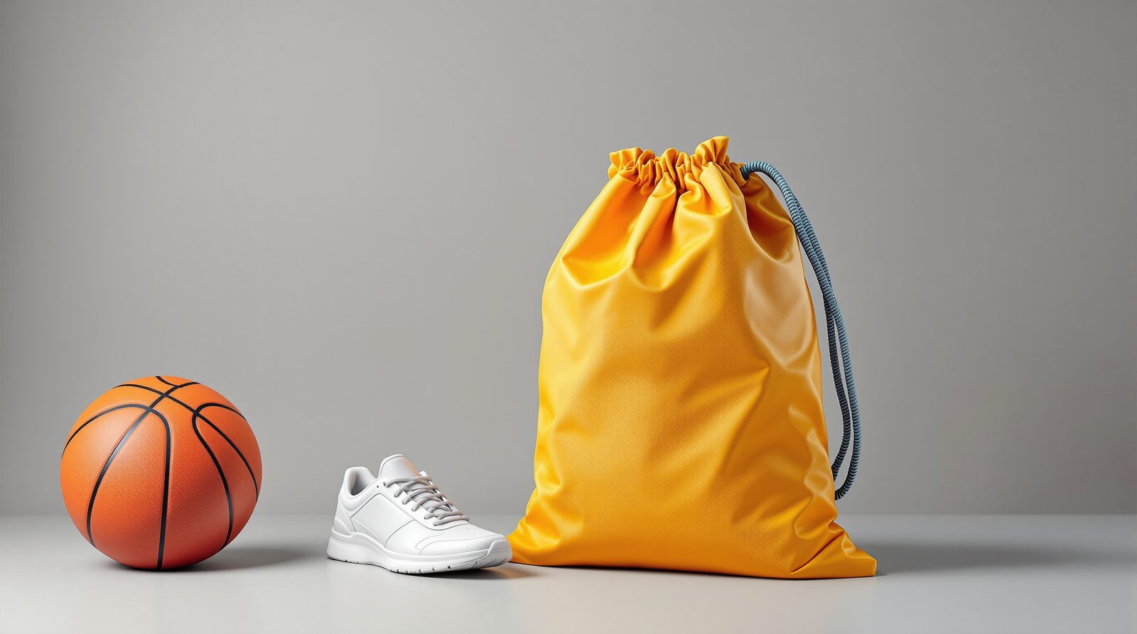 A sporty drawstring-accent shopping bag with a basketball and sneakers — studio image