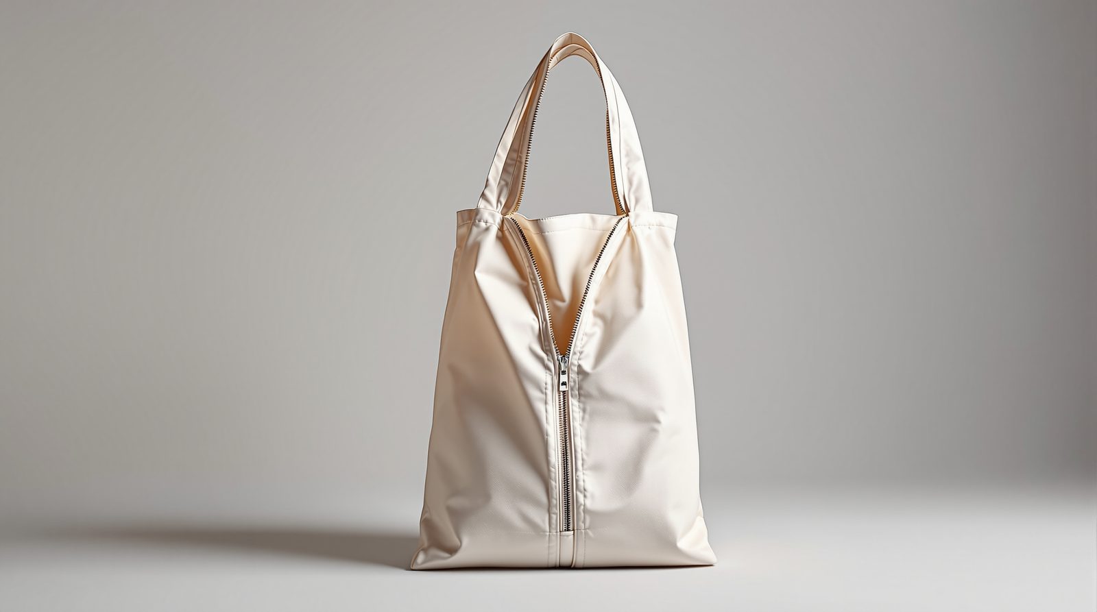 A reusable zippered shopping bag half-unzipped showing lining, studio light — studio image