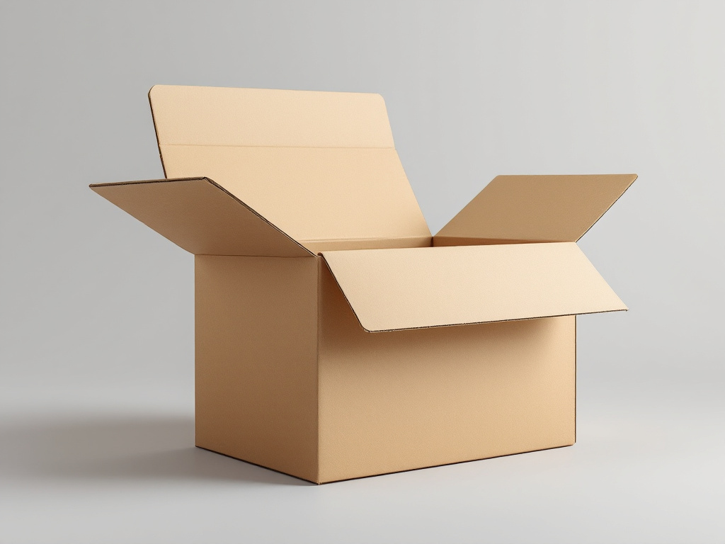 Full overlap corrugated box with one top flap folded across the full width, the other raised