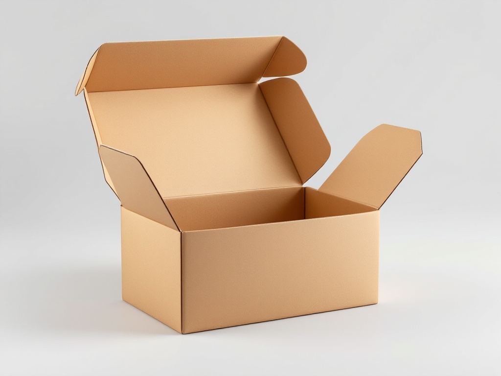 Roll end tuck top box with its hinged lid raised, showing the front tuck flap and side wings