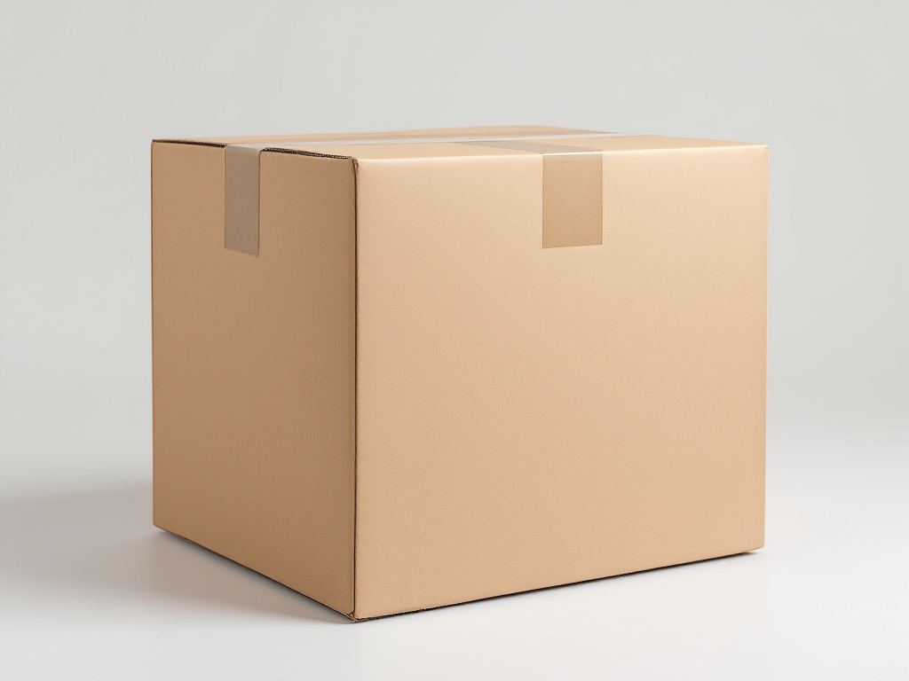 Sealed kraft corrugated shipping carton with packing tape along the center top seam