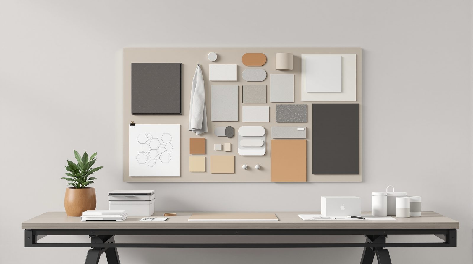 Mood board of sketches, material swatches and a white box model on a design desk — studio image