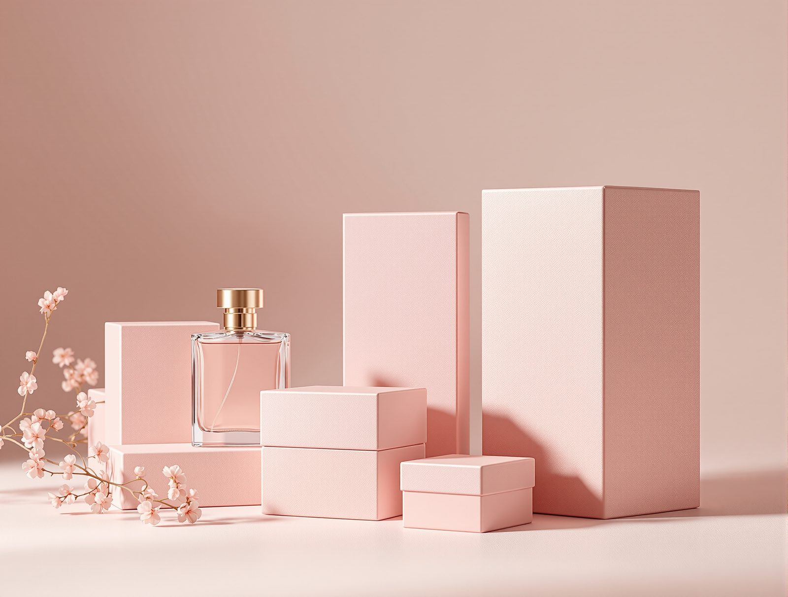 Blush-pink rigid boxes and folding cartons for beauty products with a gold-accent perfume flacon — studio image