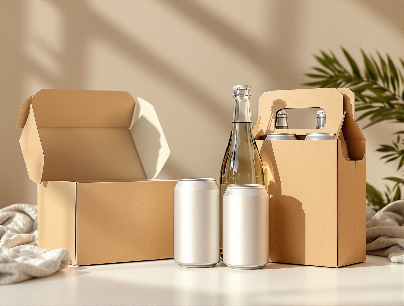 An unlabeled amber glass bottle and an unlabeled matte white can standing beside a completely blank kraft two-bottle carrier box w