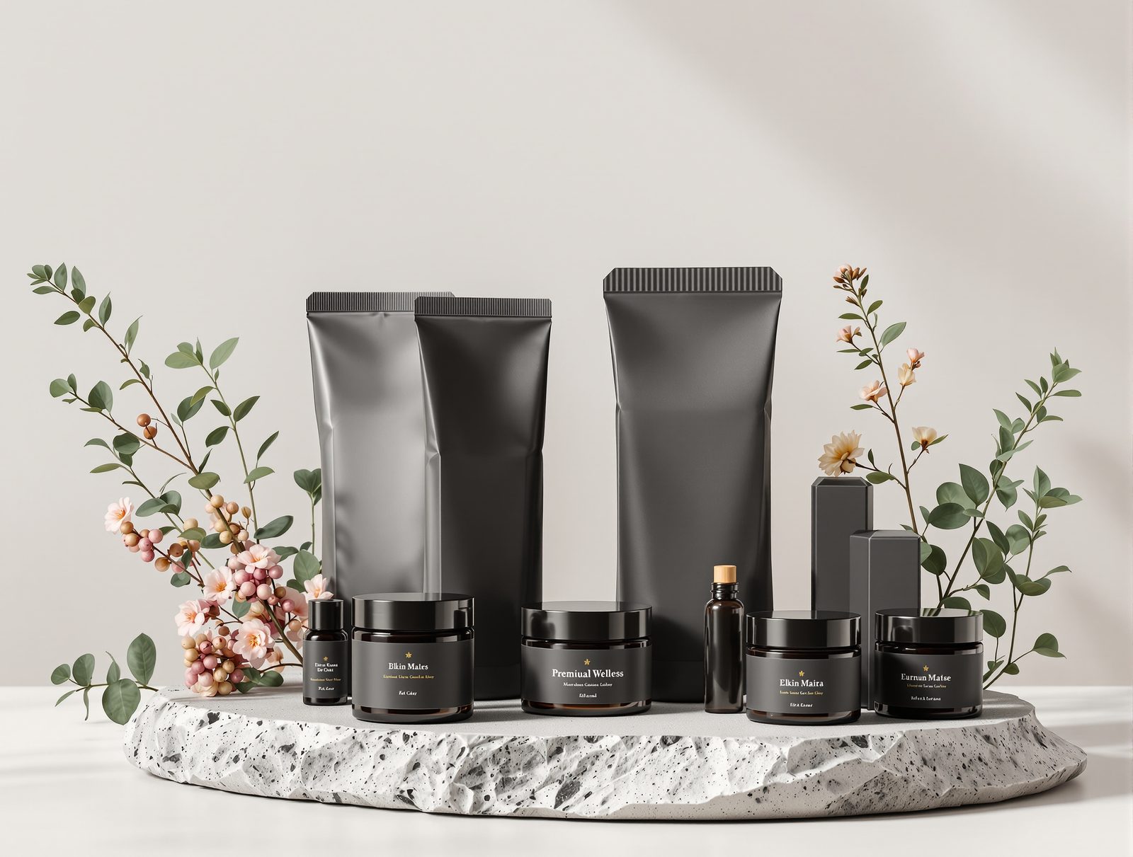 Premium matte black folding cartons and small jars for botanical wellness products arranged on stone — studio image