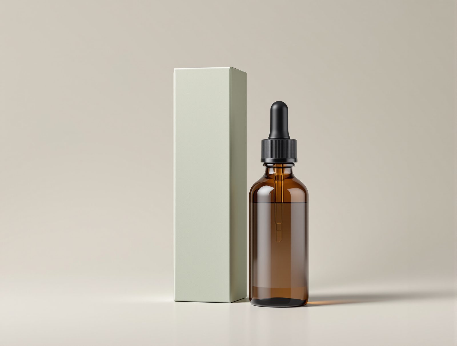 An amber glass dropper bottle standing beside its minimalist sage-green folding carton — studio image