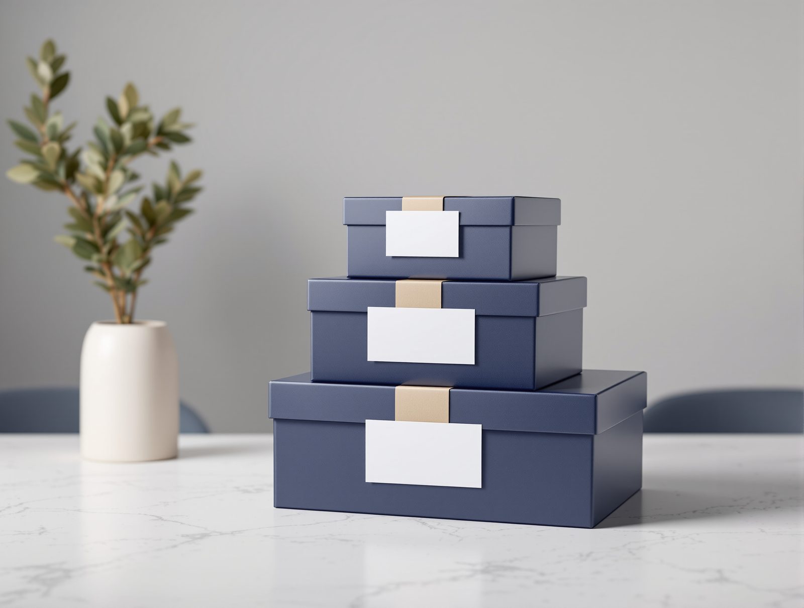 Stacked navy corporate gift boxes with a branded-blank mailer on a boardroom table — studio image