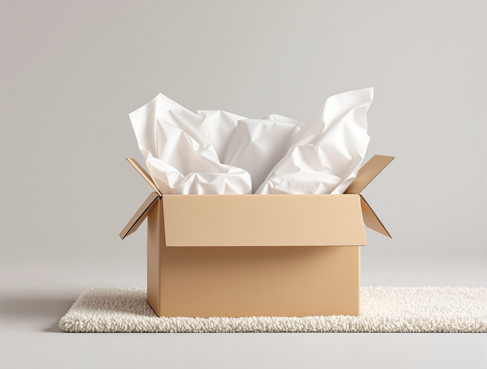 An opened e-commerce mailer box with crinkle paper, product wrapped in tissue, on a doorstep mat — studio image