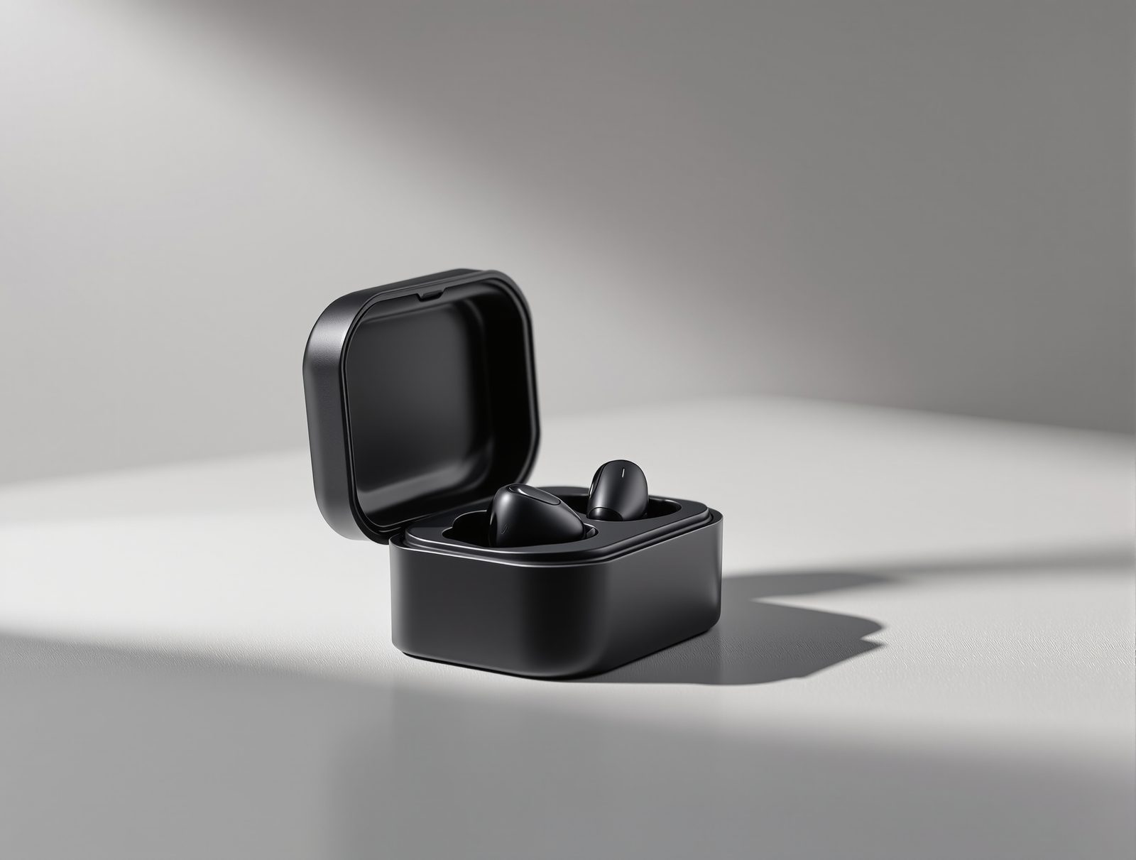 A matte black rigid box open with molded insert cradling sleek earbuds, dramatic lighting — studio image