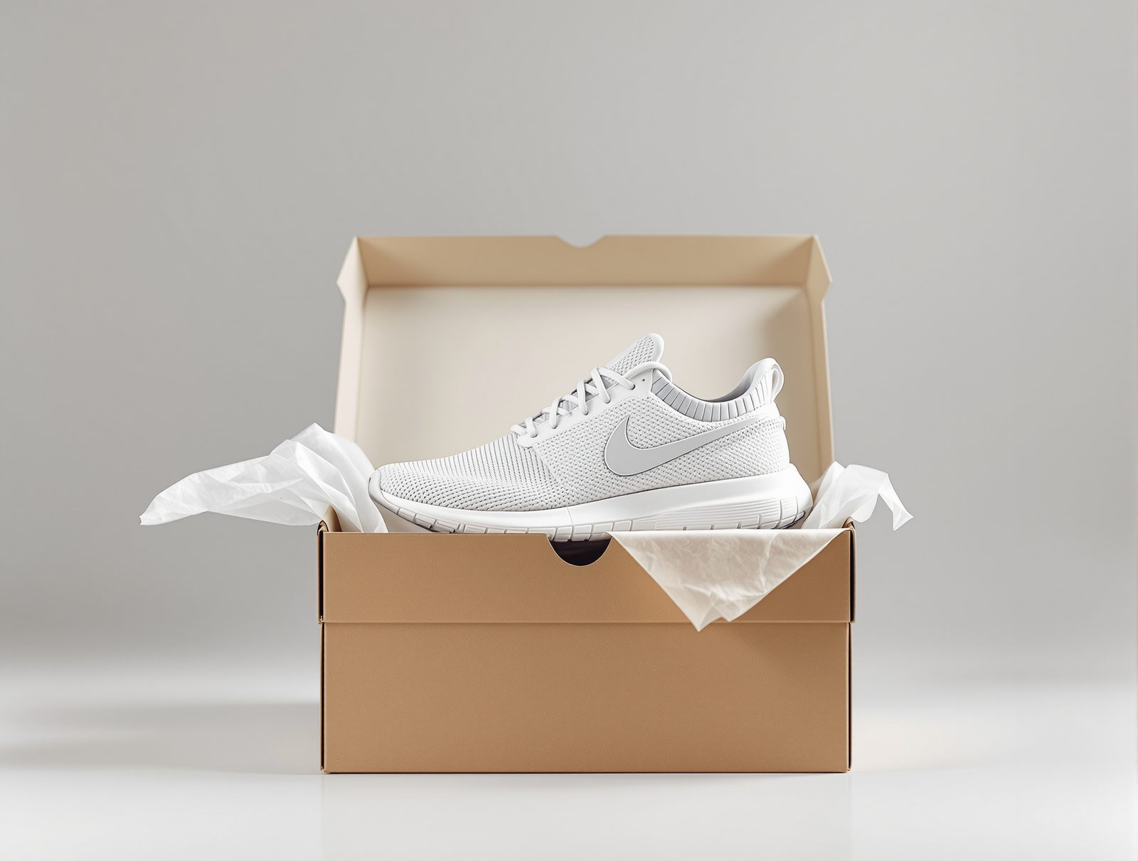 A premium sneaker resting on its open two-piece shoe box with tissue, studio backdrop — studio image