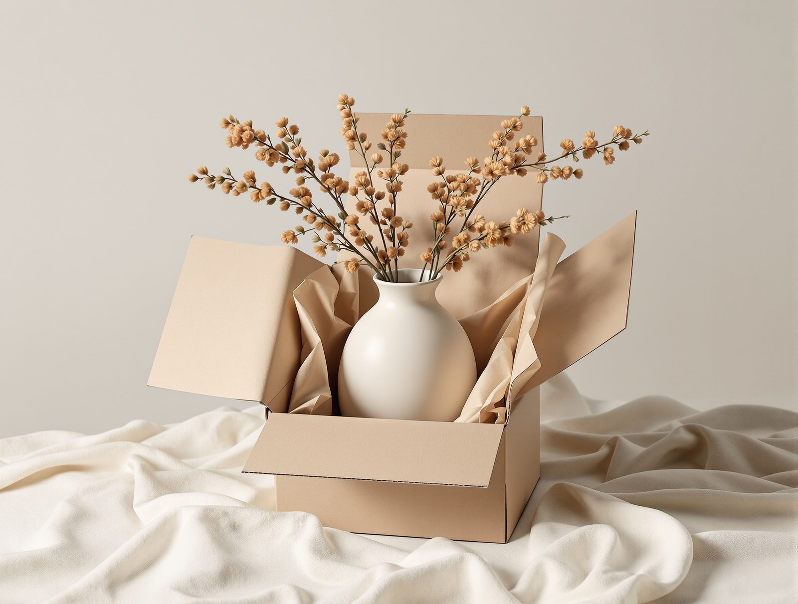 A ceramic vase emerging from a corrugated box with fitted insert and kraft wrap on linen — studio image