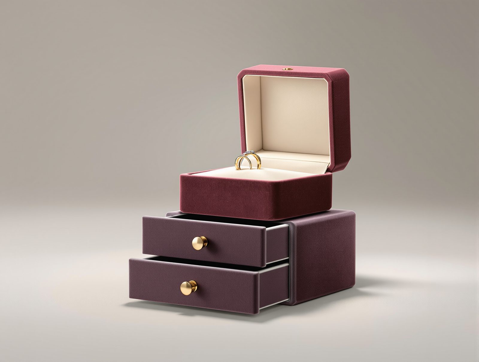 A small velvet-look rigid jewelry box open on a drawer-box stack, ring catching light — studio image