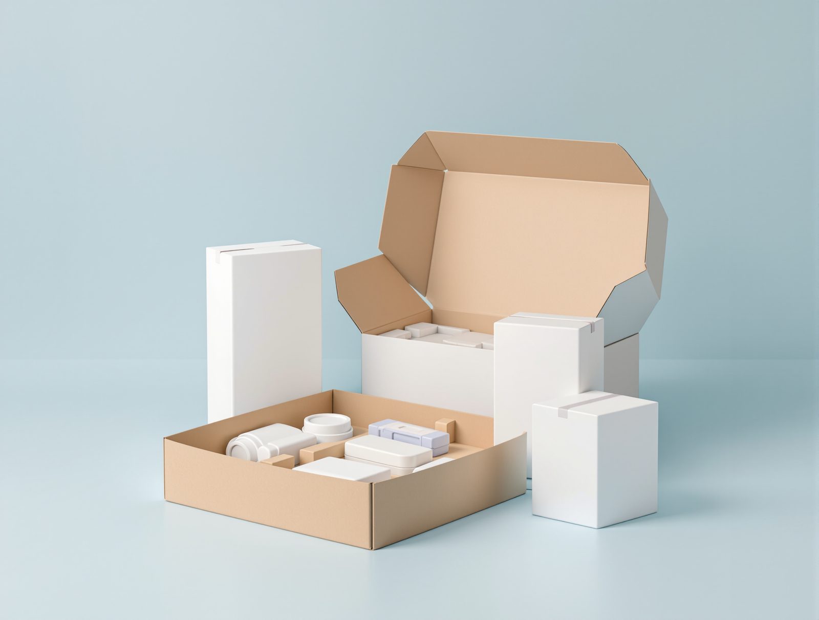 Clean white cartons and a corrugated tray for medical devices on a pale blue surface — studio image