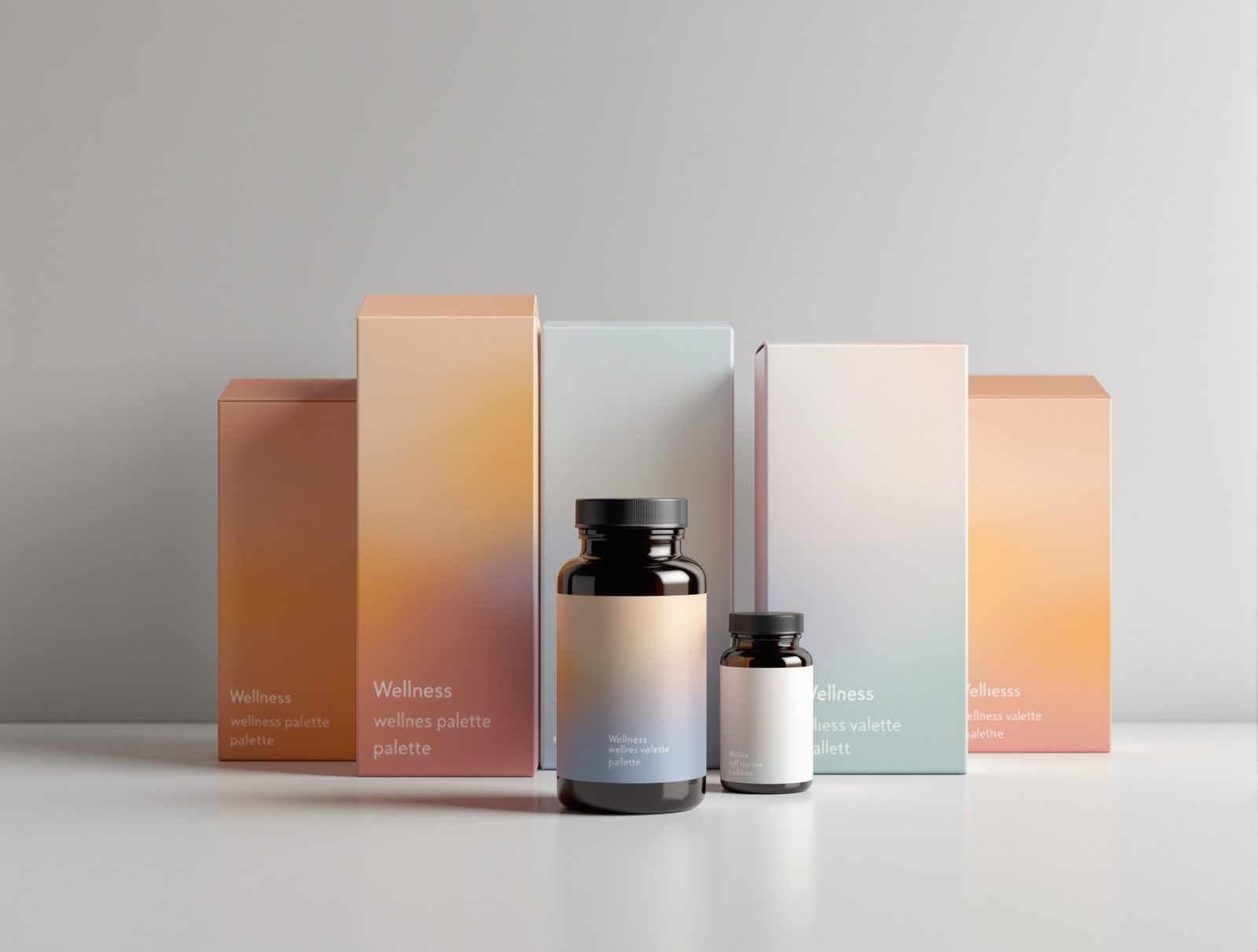 Supplement bottles in front of a row of clean printed folding cartons, gradient wellness palette — studio image