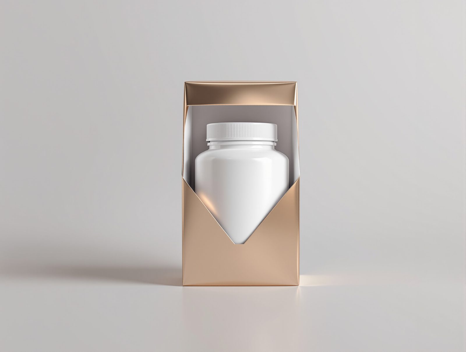 A white supplement jar half inside its printed carton with foil accent edge — studio image