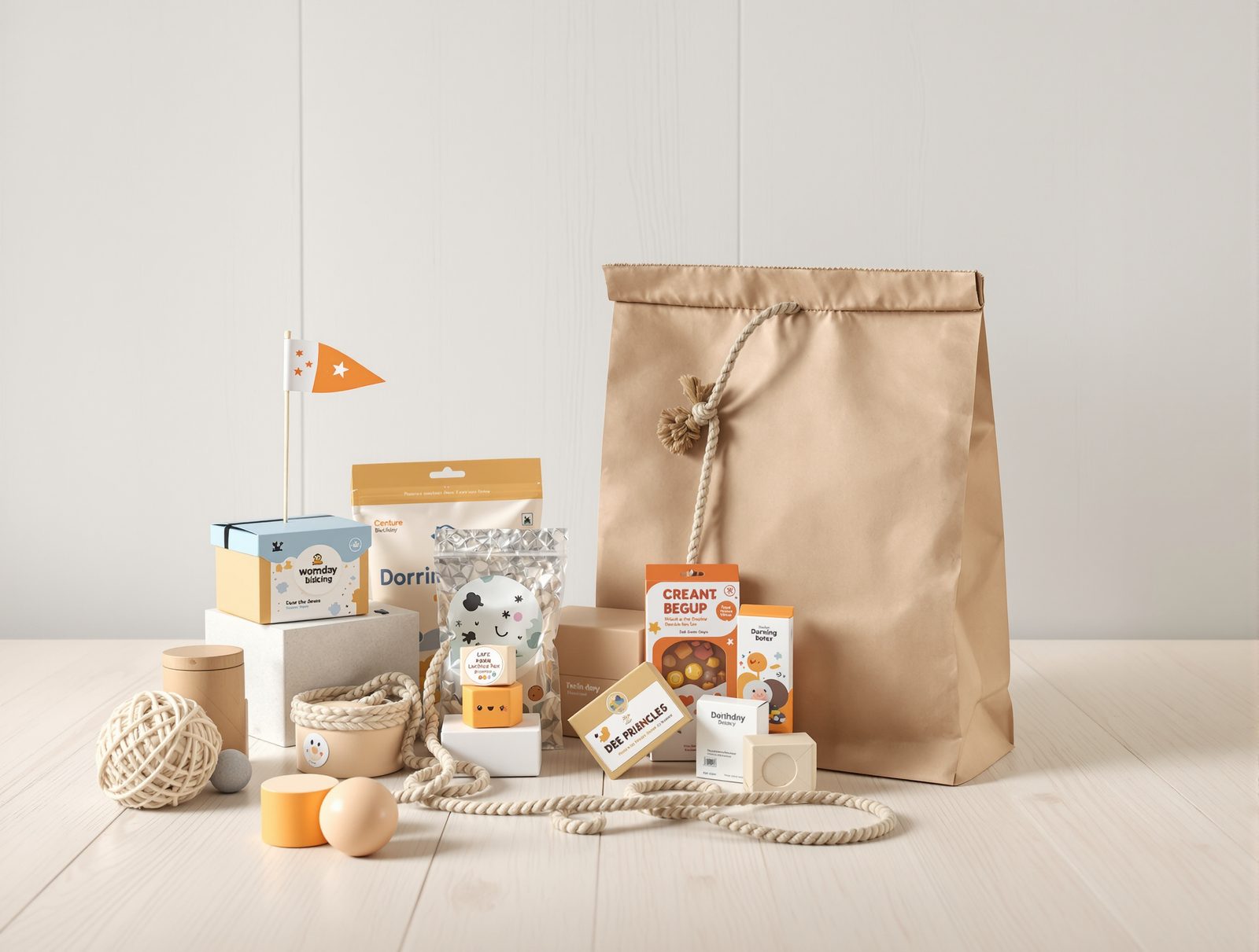 A printed treat box, kraft bag and toy packaging arranged playfully with a rope toy on light wood — studio image