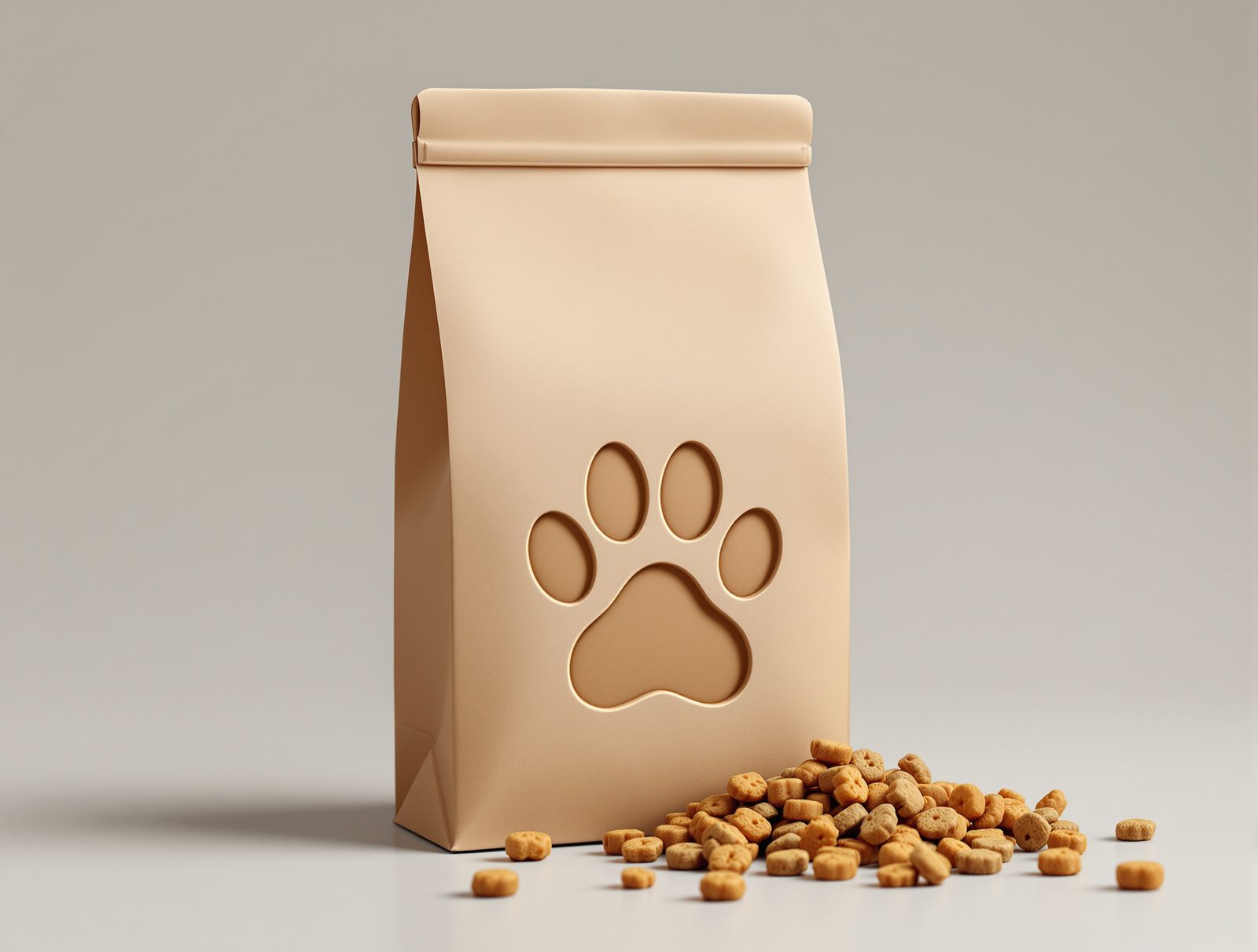 A paw-print embossed kraft carton beside scattered dry pet treats — studio image