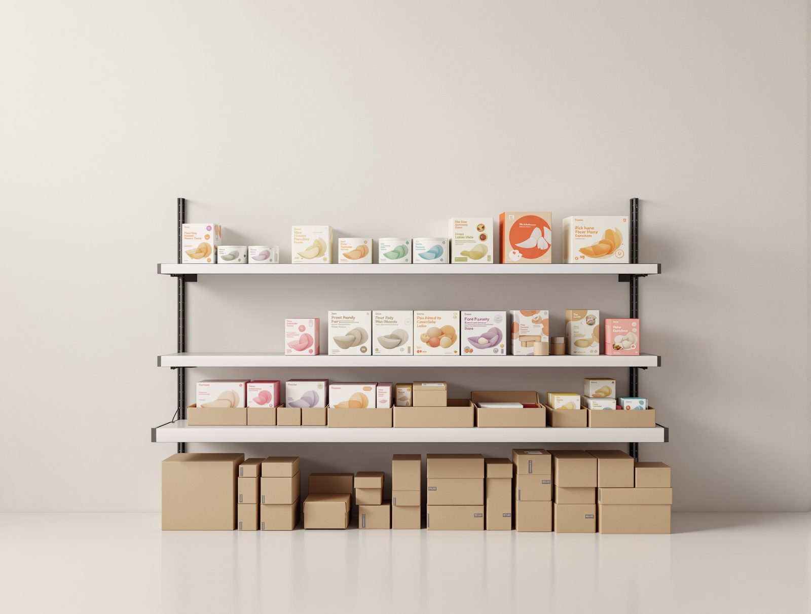 Shelf-ready cartons fronting products on a retail shelf, one tray tilted forward — studio image