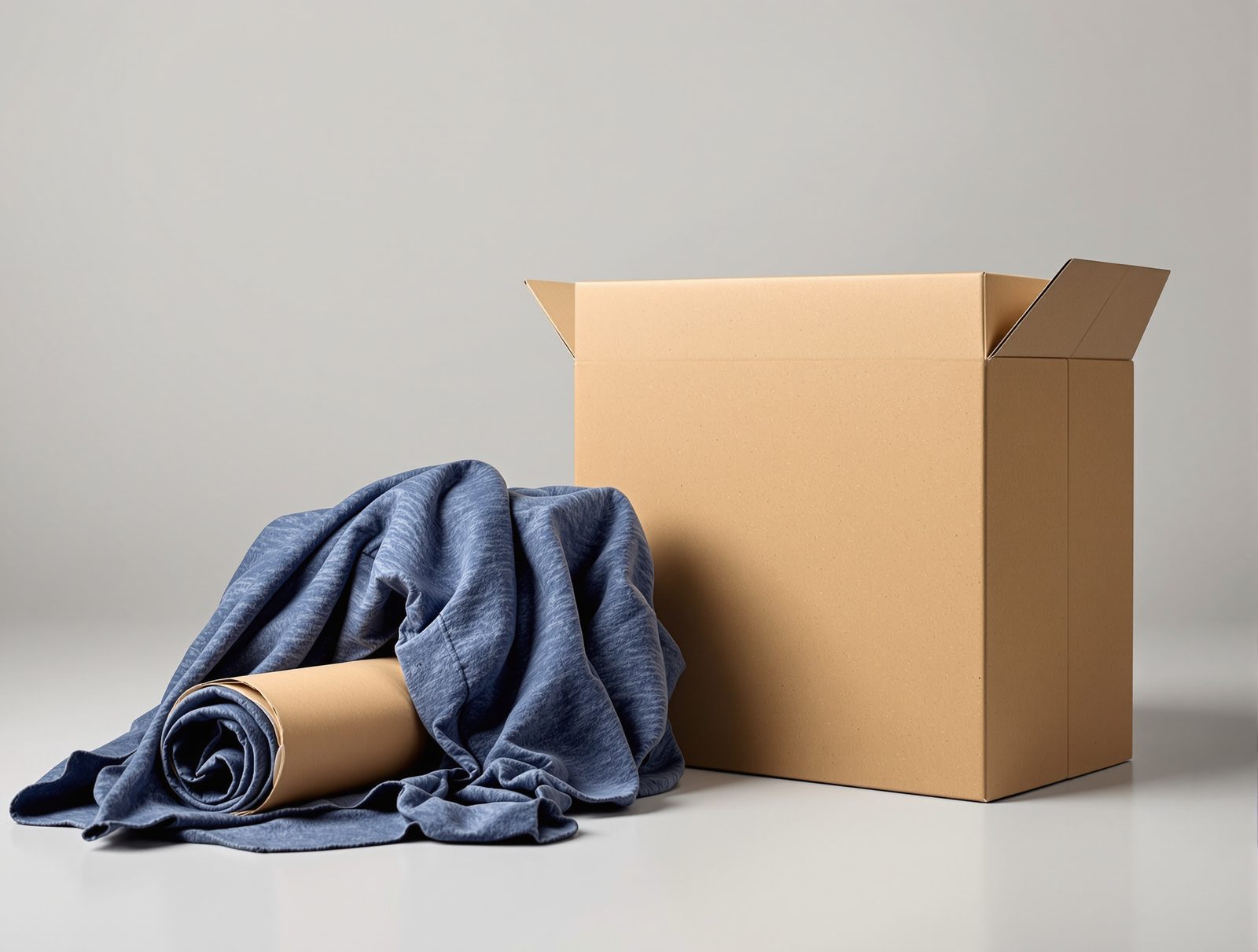 A printed box with a baseball and rolled jersey beside a corrugated mailer, gym floor light — studio image