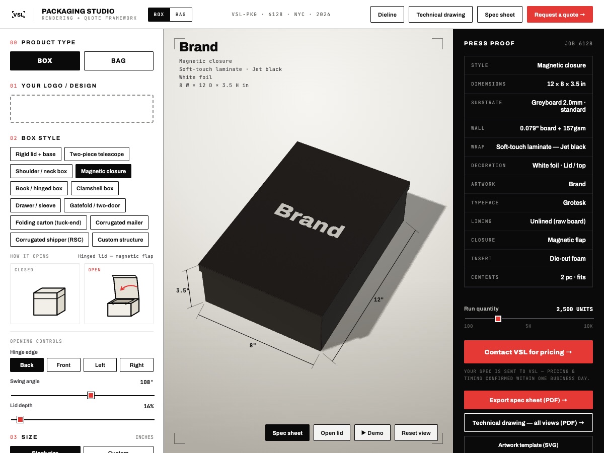 The VSL Packaging Studio: pick a box or bag style, size, and substrate, and preview it in 3D
