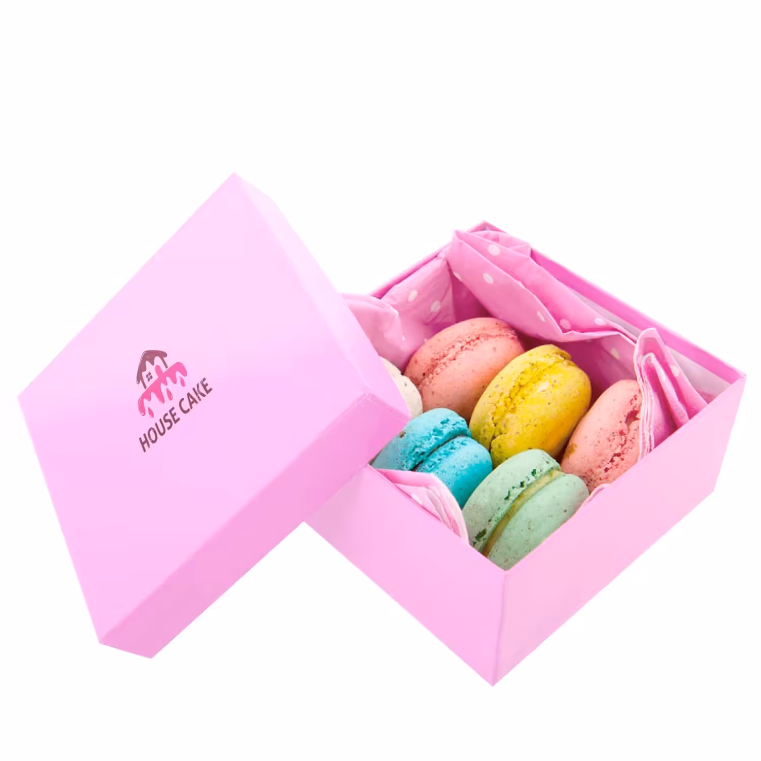 Two-piece bakery box with a lift-off lid holding assorted macarons