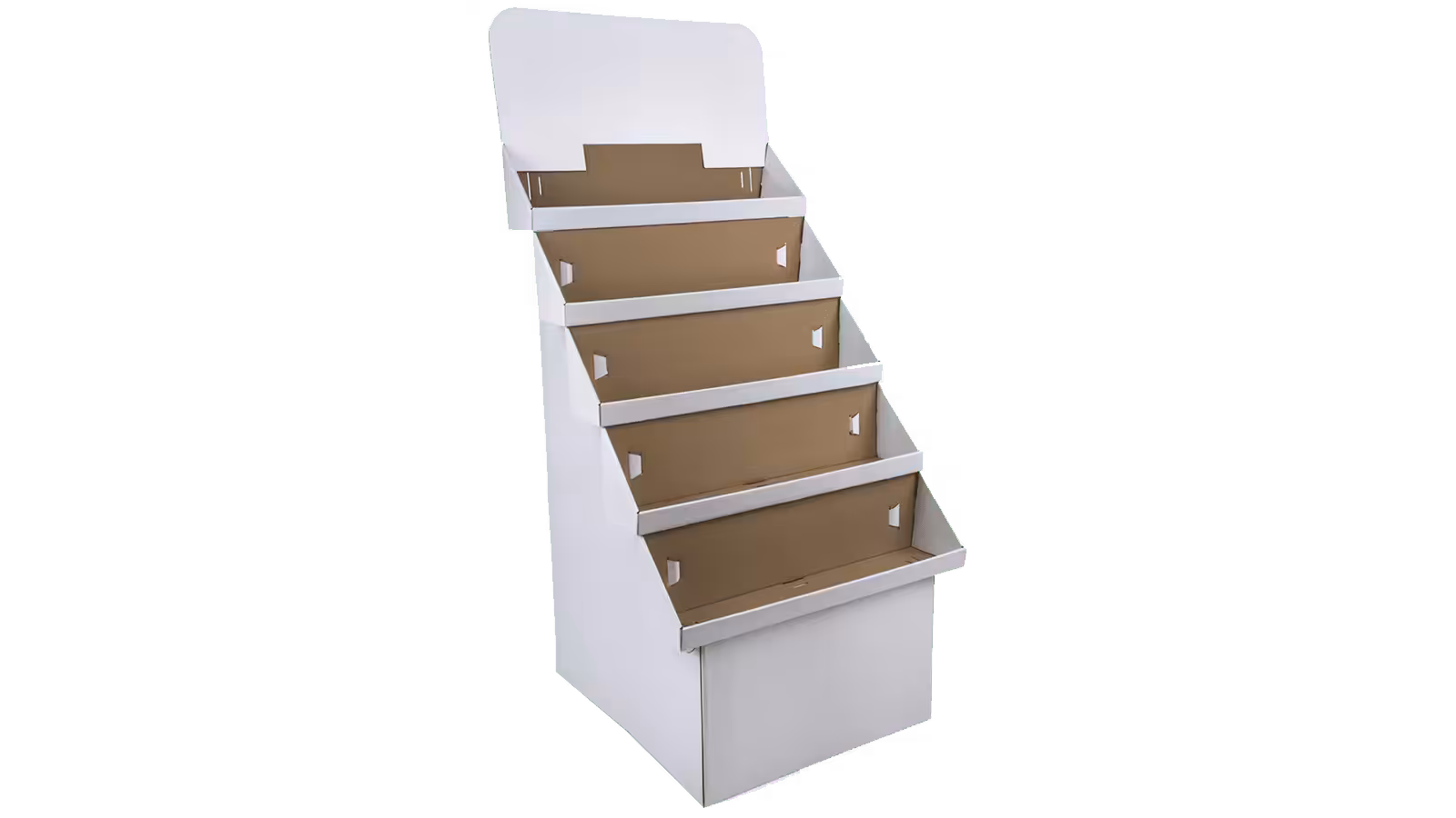 White corrugated floor display with five tiered shelves and a blank header card