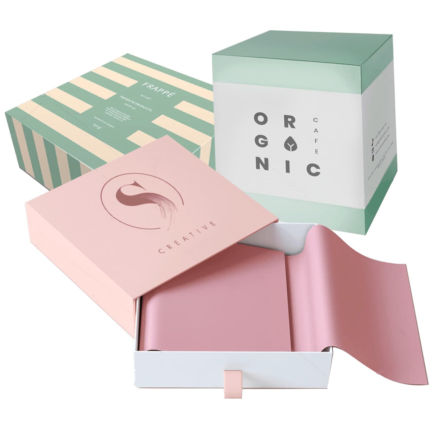 Three custom printed boxes in different constructions
